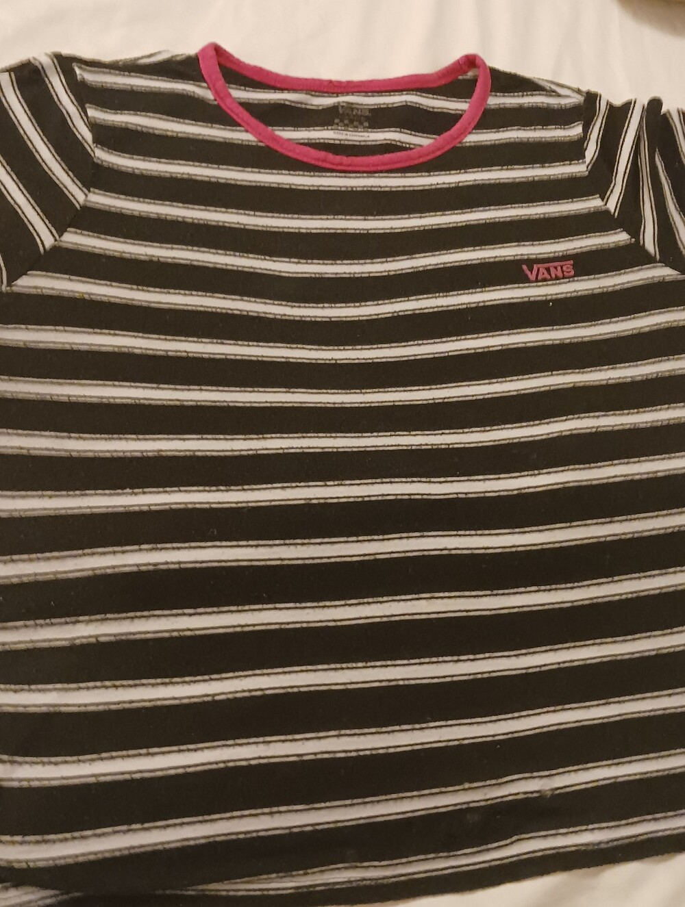 Vans Black & White Sz L Teen, Striped Tee with Pink Trim